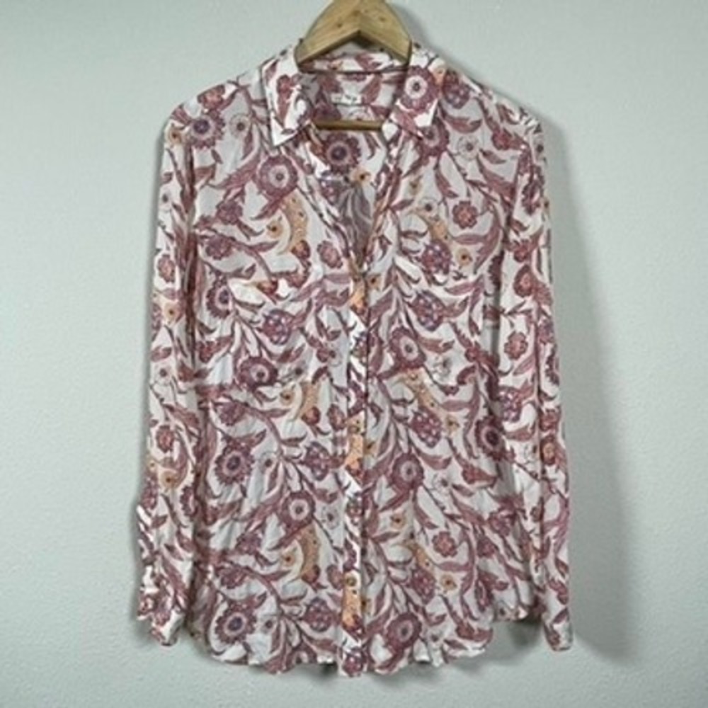 Pilcro Button Up Blouse Women M Pink Orange Floral Paisley Romantic Boho Coastal